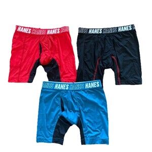 3-Pack Hanes Boys' Moves Underwear MEDIUM Black Blue Red-Long Leg Boxer Briefs
